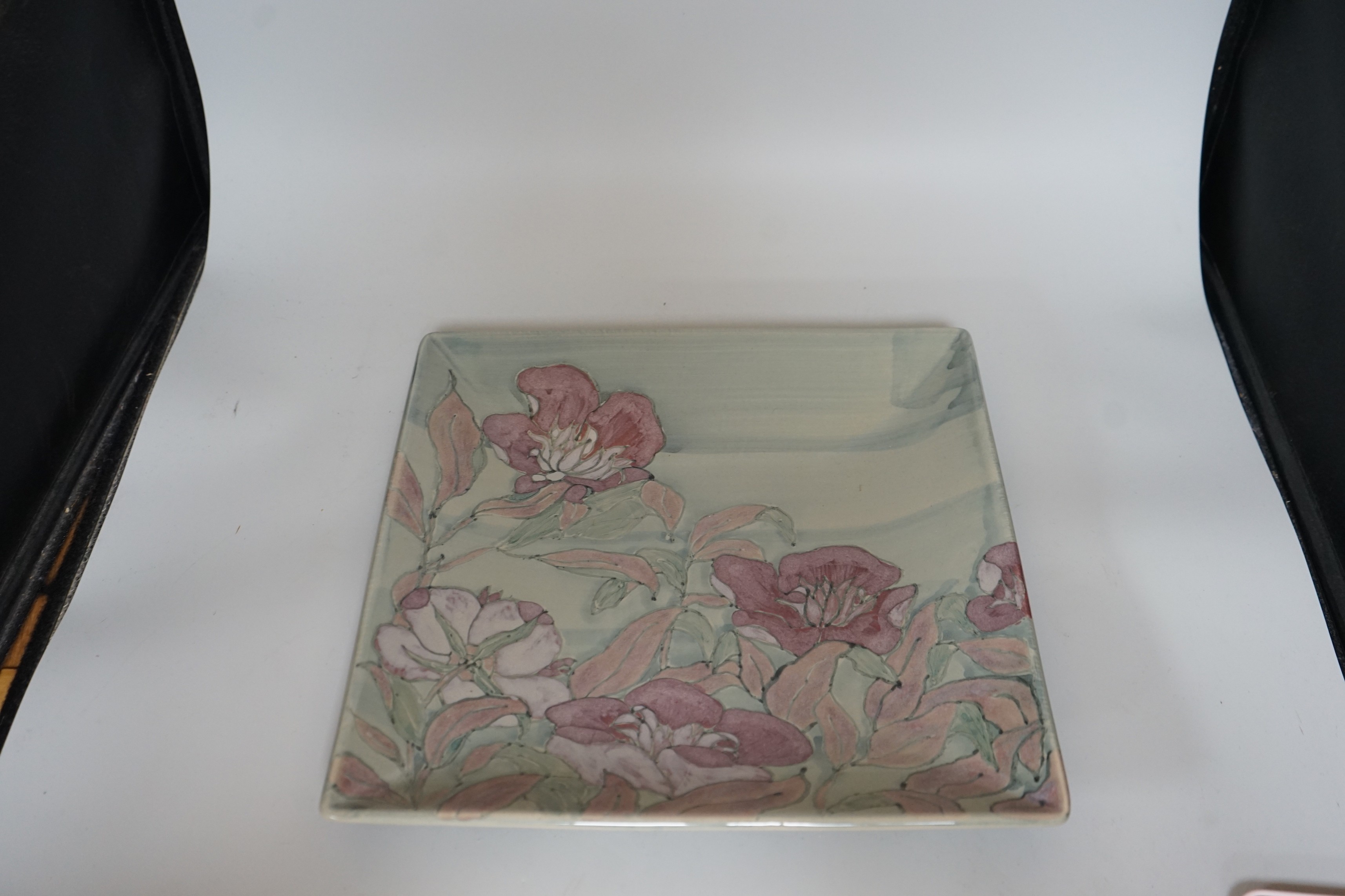 A Dartington pottery square dish, 'Oriental garden' by Joanna Wareham, 36cms square